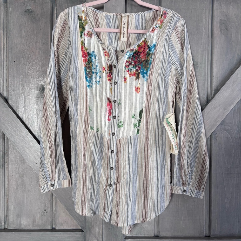 NWT‎ Aratta Silent Journey Corset Button Back Cotton Linen Stripe Floral S - Picture 2 of 8